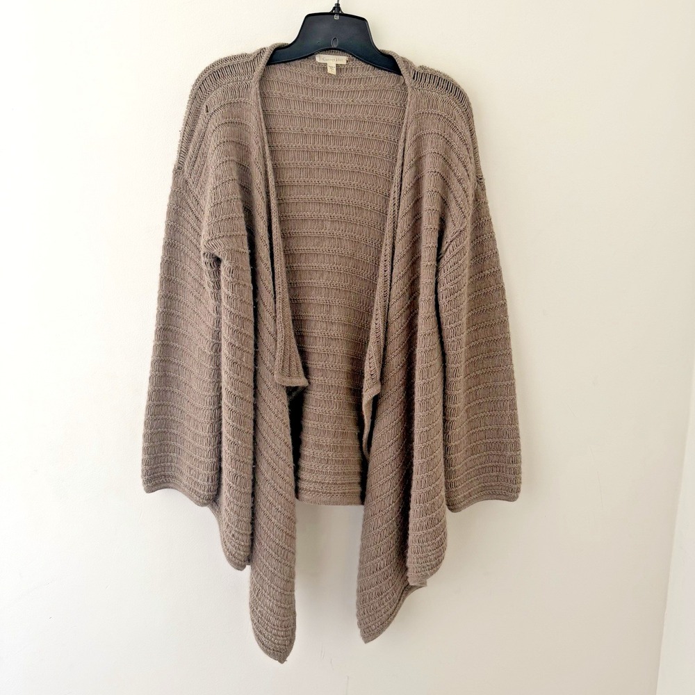 Garnet Hill Loose Weave 100% Baby Alpaca Open Front Cardigan Sweater Tan L Peru